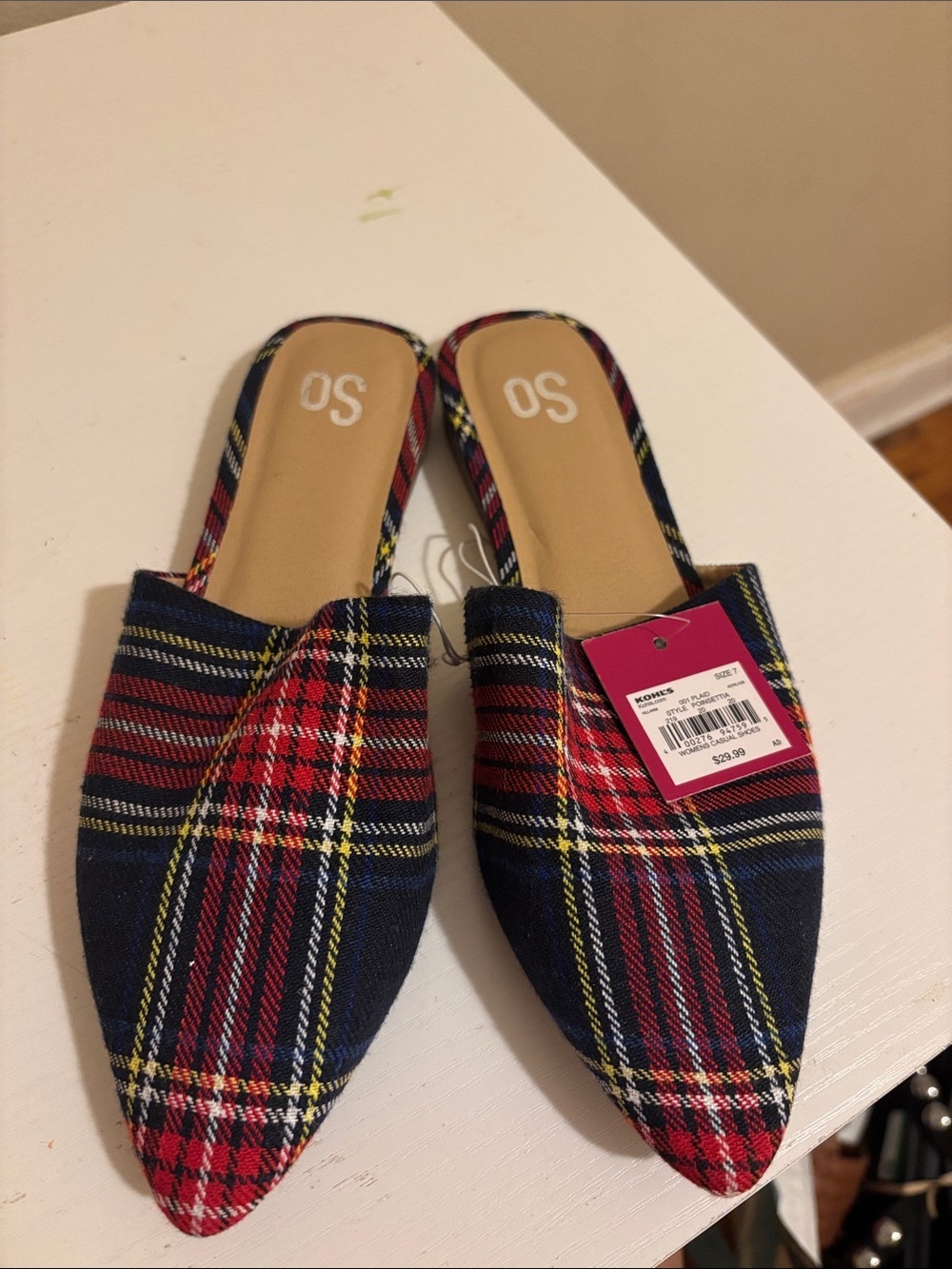 SO Plaid Pointed Slide Mules in Red and Navy